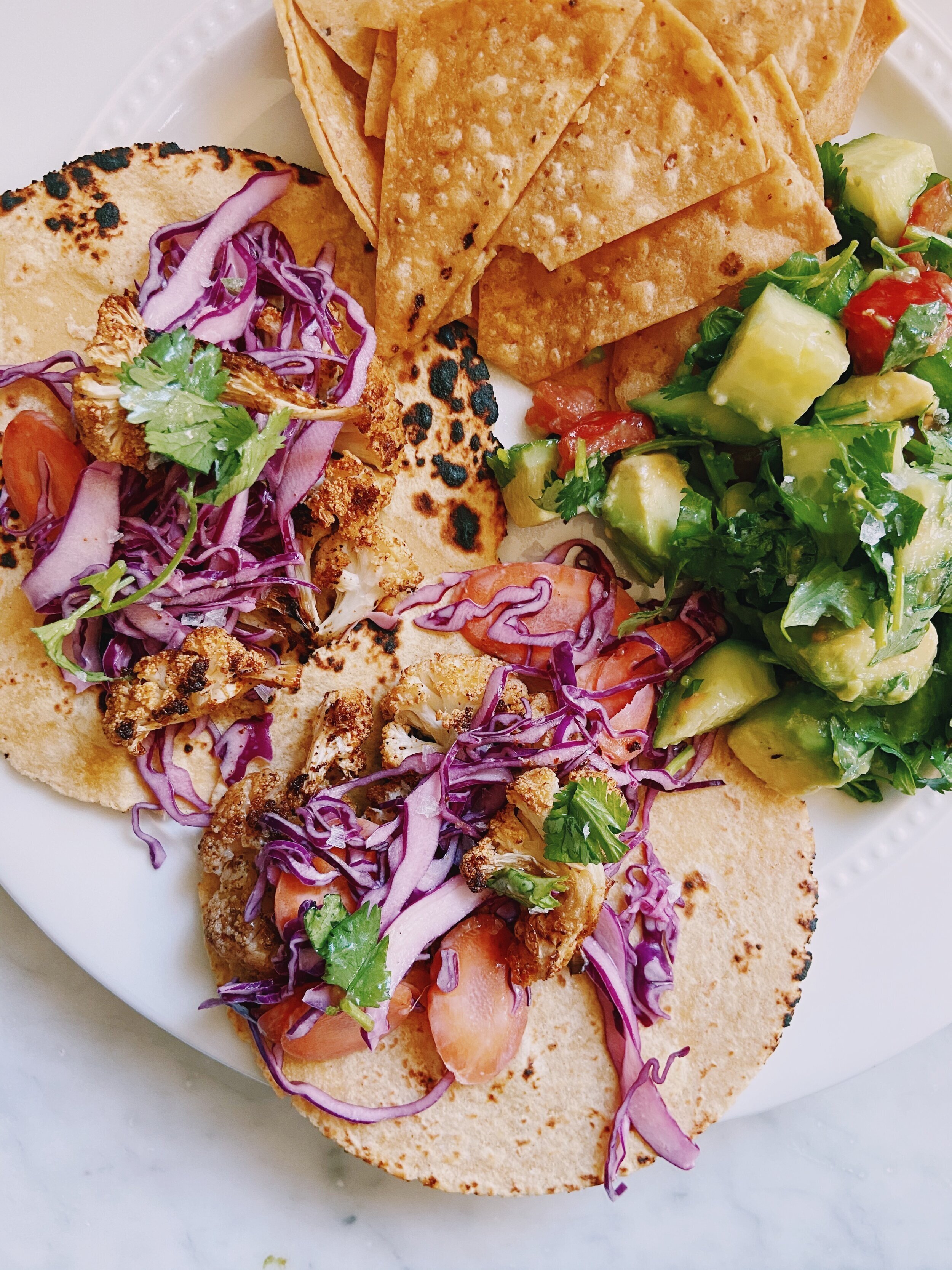 Cauliflower Tacos with Vegan Slaw, Cuke Tomato Salad