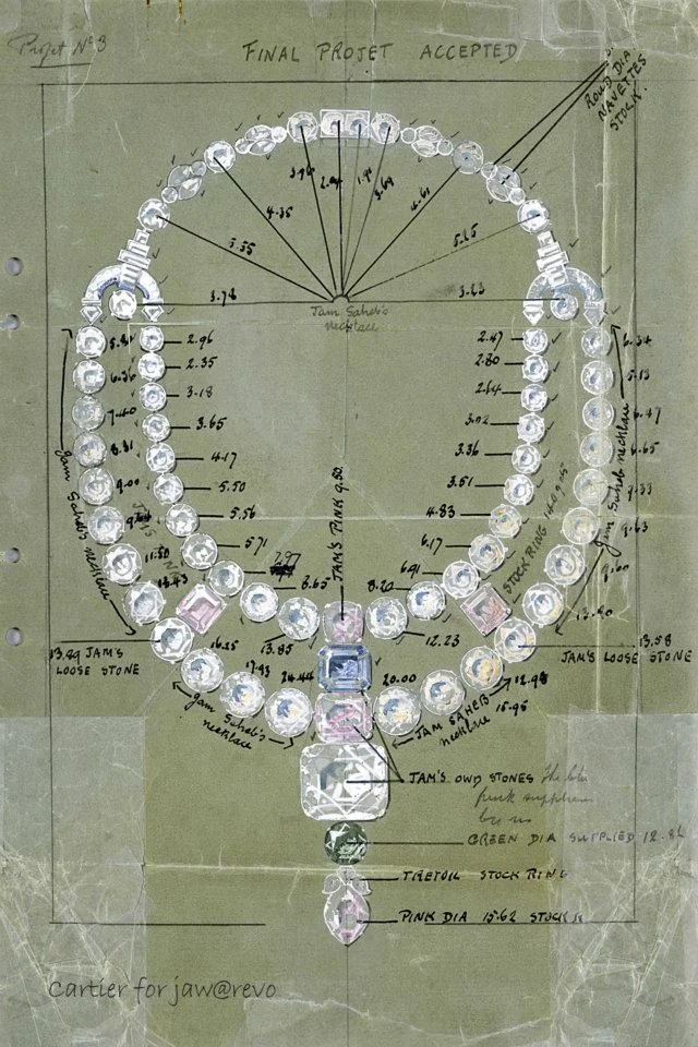 Drawing of the ceremonial necklace for the Maharajah of Nawanagar, 1931, London Cartier Archives. Jacques Cartier presented the Maharaja with a dazzling project. Sadly, the Maharaja of Nawanagar had little time to wear the “finest cascade of coloured diamonds in the World”. He died in 1933, two years after the necklace was delivered. Image: Cartier Archives