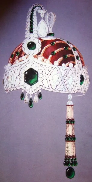 1925. Rendering by Charles Jacqueau of Cartier for a headdress ornament for a turban, a project suggested by Maharaja of Kapurthala. Courtesy Cartier.