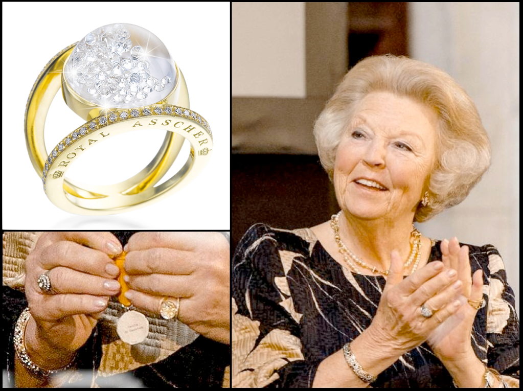 HRH Princess Beatrix spotted wearing her very own floating-diamonds "Stars" ring by Royal Asscher ! At the Silver Carnation Culture Awards at The Royal Palace on June 18, 2013 in Amsterdam, Netherlands.