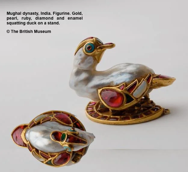 This extraordinary figurine comes from the Mughal dynasty of India. Gold, pearl, ruby, diamond and enamel squatting duck on a stand. Photo: British Museum