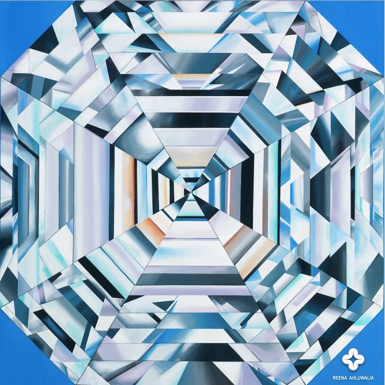 Detail of the Asscher Cut Diamond. The Portal of Eternity. 48 x 60 inches (4 x 5 feet). Acrylic on Canvas. Painting by ©Reena Ahluwalia