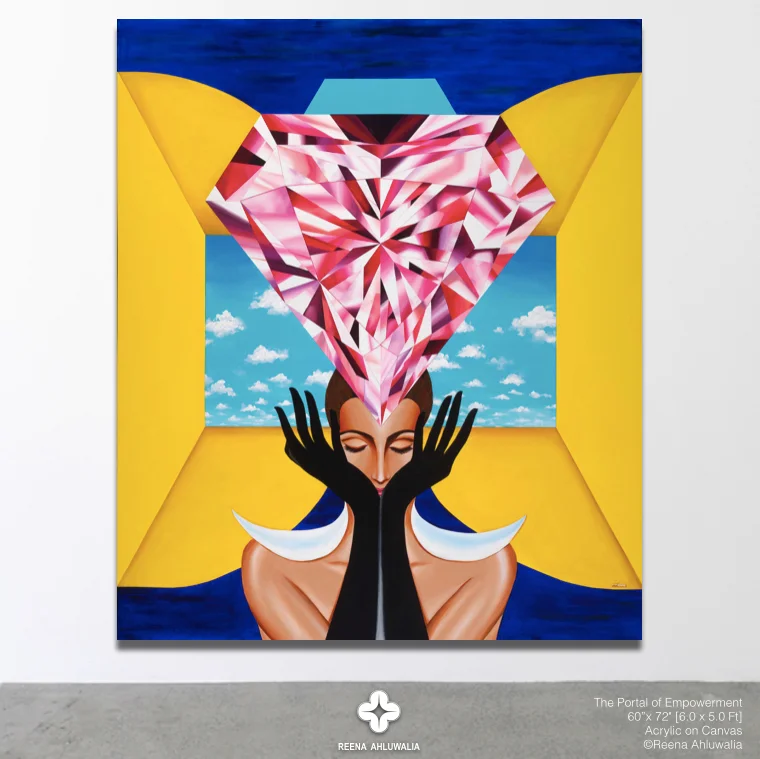 "The Portal of Empowerment" in a gallery. 6 X 5 feet. Acrylic on Canvas. Diamond Painting by ©Reena Ahluwalia.