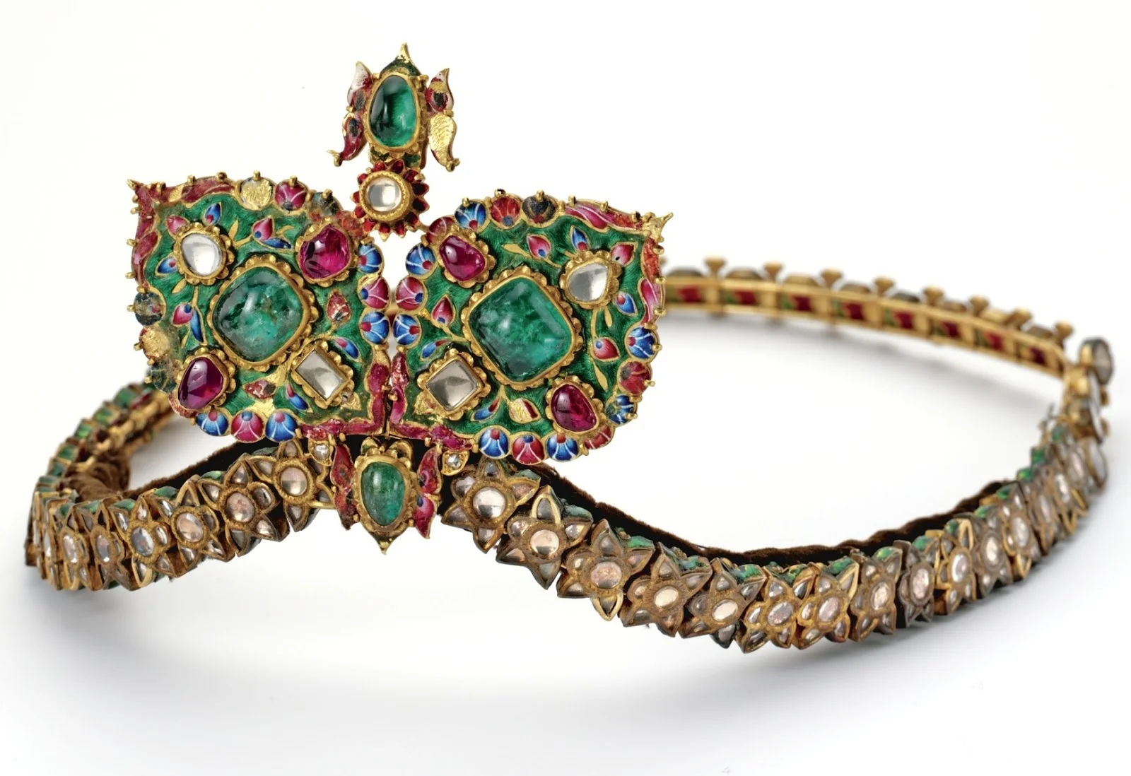 Gold, Cabochon Emerald, Cabochon Ruby, Diamond, White Sapphire and Enamel Diadem, 19th Century. Qajar Style. Images: Sotheby's