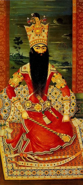 Fatḥ-ʿAlī Shah Qajar (1772-1834). The wealth of Persia in the time of Fatḥ-ʿAlī Shah was represented, both literally and symbolically, in the elaborate pearled and jeweled decoration of men’s and women’s garments: ropes, tassels of pearls, armbands, collars, and hems encrusted with gems. Even cushions and carpets were decorated in this fashion