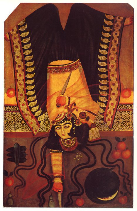 A bejeweled girl acrobat balancing on the point of a dagger. c. 1840. Qajar Period.