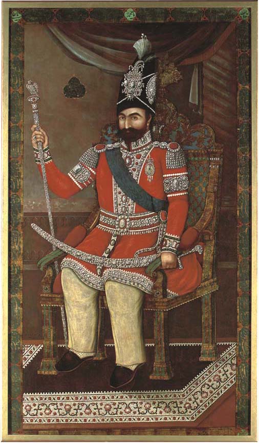 "MUHAMMAD SHAH QAJAR, BY AHMAD, DATED AH 1260 1844 AD. Oil on canvas, the Shah seated on a chair in an interior wearing a red coat copiously embellished with pearls and diamonds, in a blue sash, jewelled epaulettes, bazubands, tassels and cuffs, with a thick beard and wearing a tall black cap encrusted with gems incorporating an inscription, holding a sceptre completely covered in diamonds and rubies, in his lap a sword encrusted with diamonds, on a carpet decorated with pearls, identificary inscription in cusped cartouche reading Al-Sultan b. al-Sultan Muhammad Shah Qajar, the painting signed faintly in the lower leftt raqam kamtarim Ahmad 1260, within a border of panels of nastal'liq verses divided by cusped roundels containing a hymn in his praise, the calligraphy signed in a green cartouche in the lower right corner Muhammad Isma'il ..., small repaired tear, re-lined, framed. 87½ x 50in.