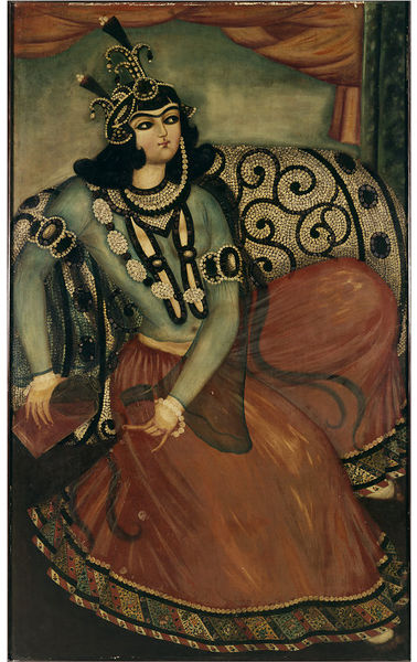 Seated Woman Pouring Wine. Oil painting, 1800-1830. This painting is part of a group purchased by the Victoria and Albert Museum in 1876. At the time, it was described as being, "From the Shah's palace at Tehran."