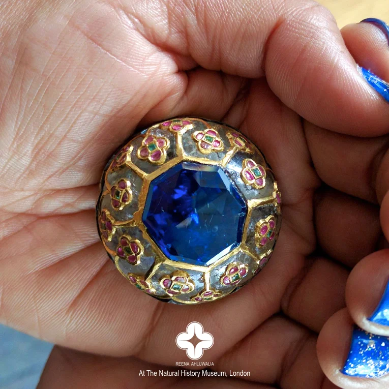 Holding Mughal history in my hand at the Natural History Museum, London! A rare private viewing from the vaults of NHM of a 31-ct., faceted 'rose cut' #sapphire in a Quartz 'rock crystal' button inlaid with gold, rubies, emeralds. Purchased by Sir Hans Sloane for £43 (!), late 17th century. Image credit: Taken by Reena Ahluwalia at the Natural History Museum, London. 2016
