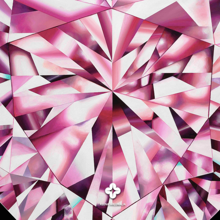 Close up detail. 'Passionate Heart' - Portrait of a Pink Heart-Shaped Diamond. 36 x 36 inches. Acrylic on Canvas. ©Reena Ahluwalia