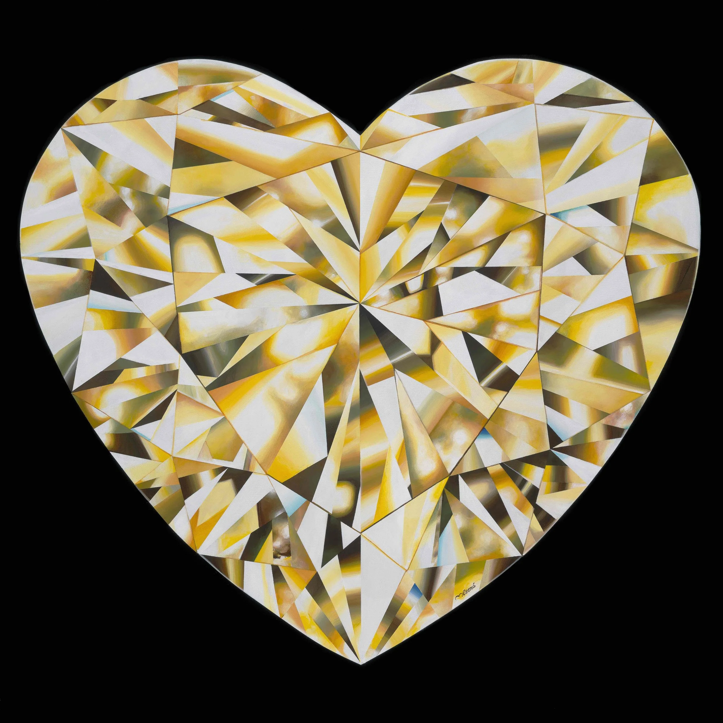 'Heart of Gold' - Portrait of a Yellow Heart-Shaped Diamond. 36 x 36 inches. Acrylic on Canvas. ©Reena Ahluwalia. More about the painting and process here .