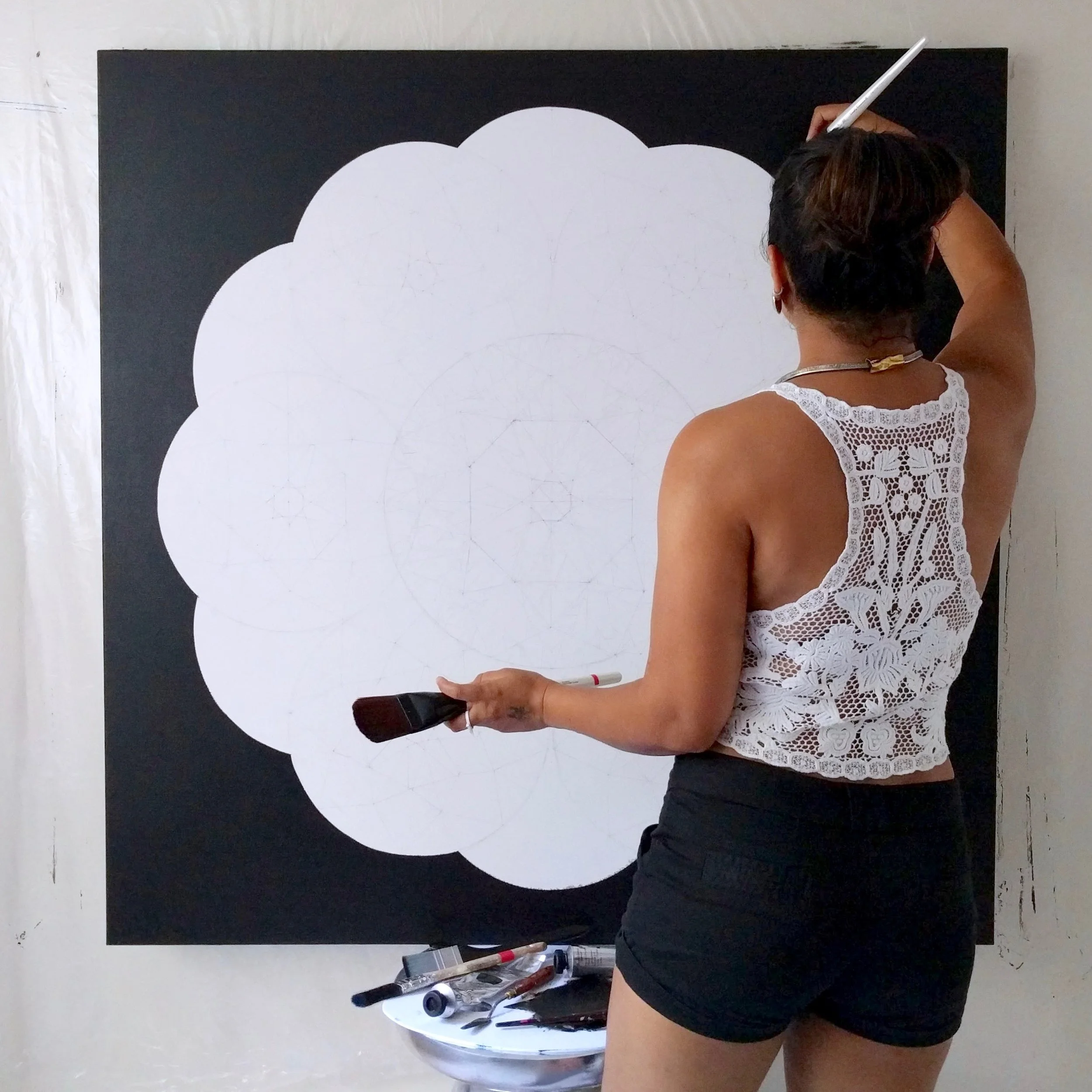 Symmetry, precision and balance! Working on my canvas backgound. Making of the 4-feet Coronet Diamond Painting by Reena Ahluwalia. ©Reena Ahluwalia