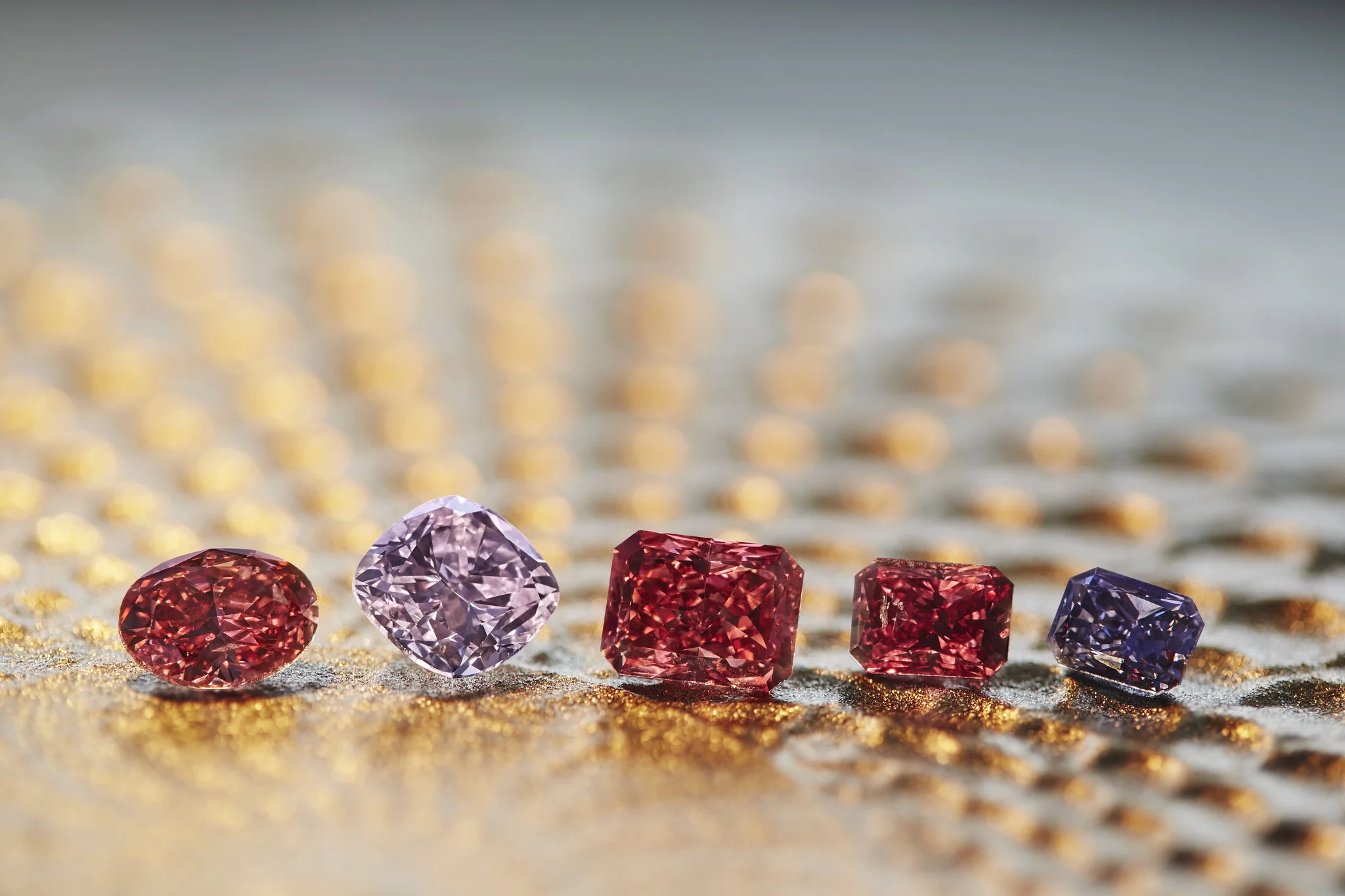 2017 Argyle Pink Diamonds Tender. The 58 diamonds in the 2017 tender weigh a total of 49.39 carats, including four Fancy Red diamonds, four Purplish Red diamonds, two Violet diamonds, and one Blue diamond. Image: Rio Tinto