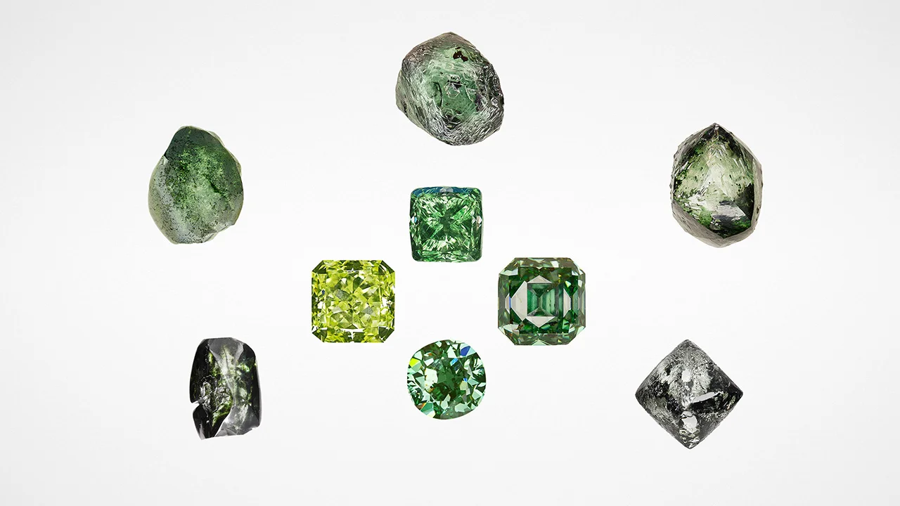 Natural-color green diamonds such as these rough (0.85–1.07 ct) and faceted (0.68–1.66 ct) stones submitted to GIA by clients or for scientific study are extremely rare and generally found in South America or Africa. Image credit: Photos by various GIA staff.