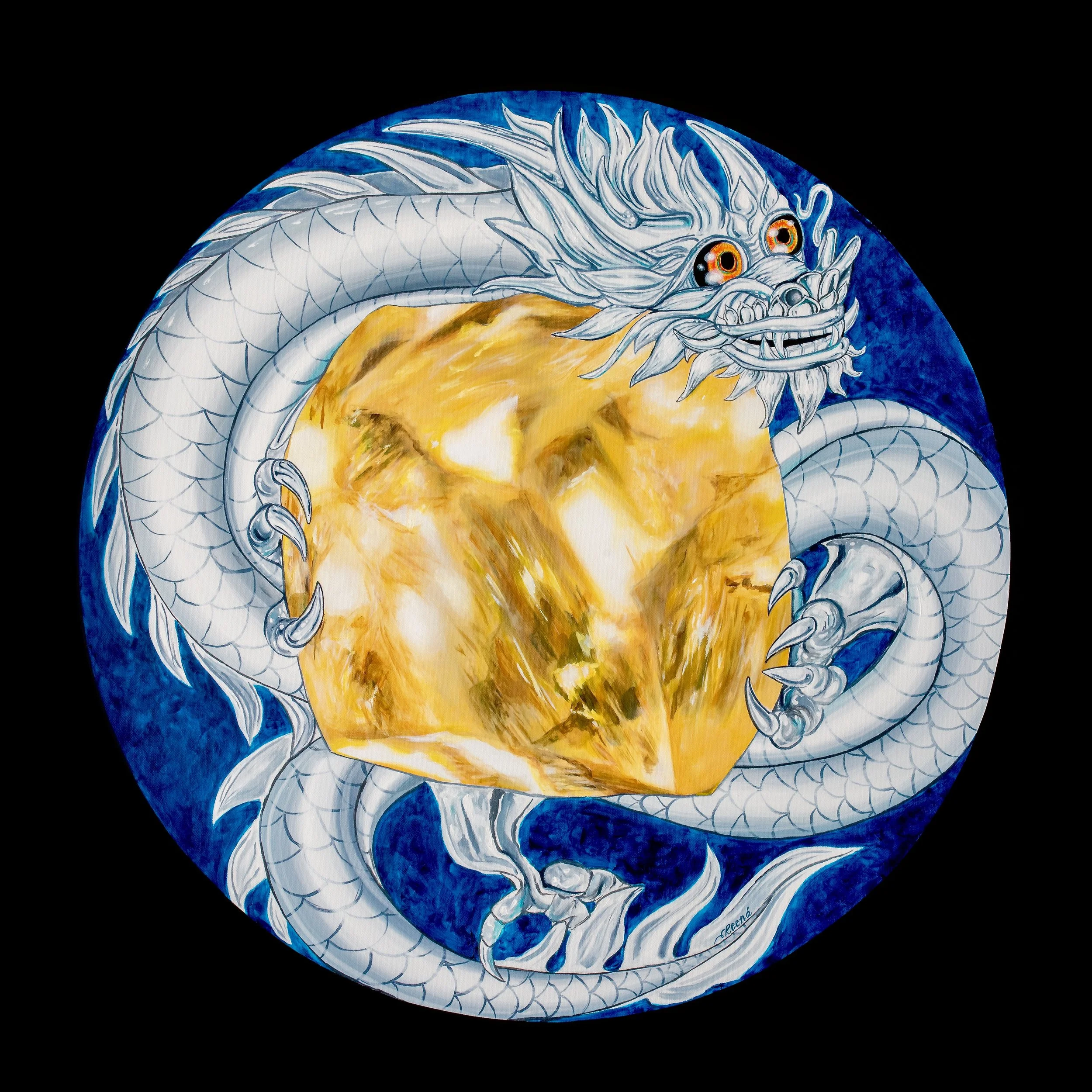 The Guardian. The 105-carat Mouawad Dragon rough diamond paintings. Painting by Reena Ahluwalia. 36 x 36 inches.