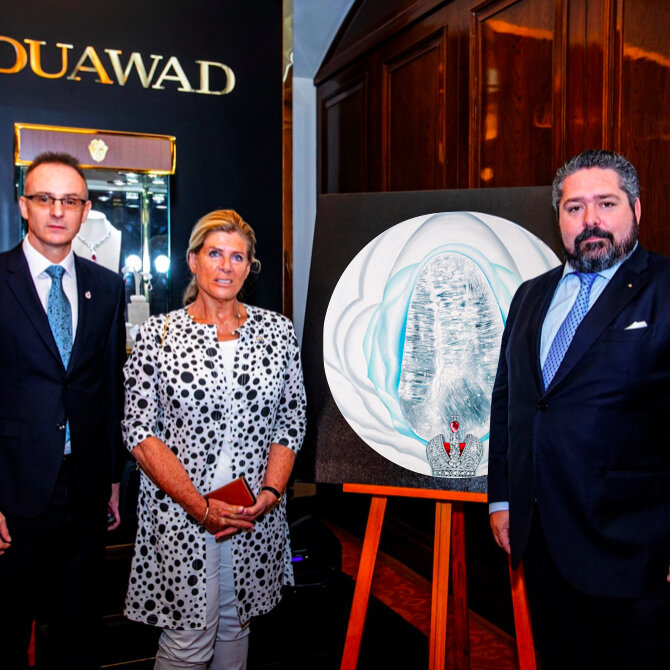 Honored by a ROYAL nod. HRH Princess Lea of Belgium, HIH Grand Duke George of Russia and Count Gerald van der Straten Ponthoz with my 'Romanovs Rough Diamond' painting, exhibited at the Private Viewing of rare Mouawad diamonds and jewelry. 