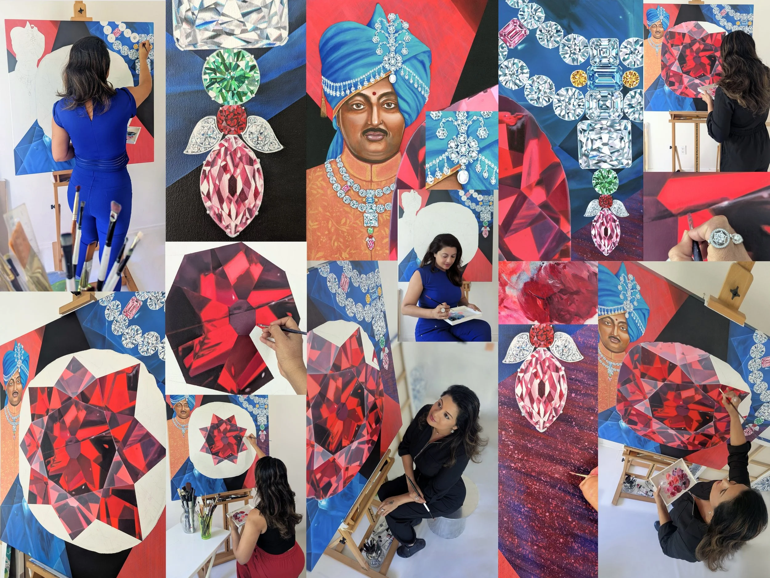 Art Studio process collage showing Visual Artist Reena Ahluwalia creating the Winston Red Diamond painting, accessioned into the Smithsonian Permanent Collection.