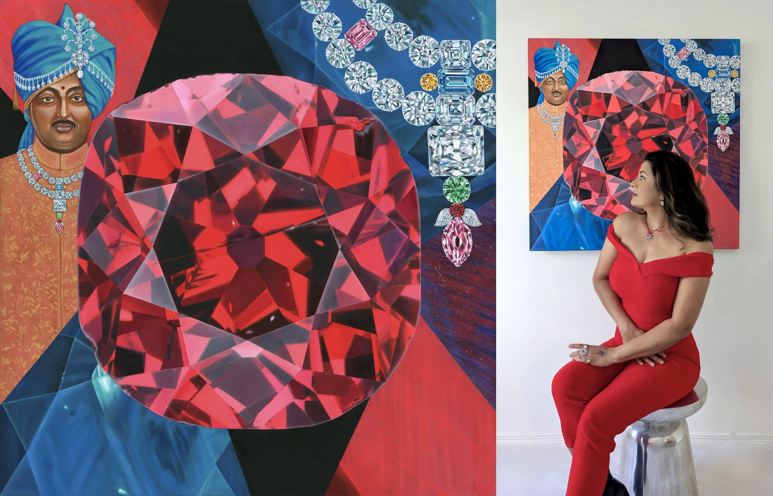 Visual Artist Reena Ahluwalia with her painting, “The Legacy of the Winston Red Diamond”. In the permanent collection of the Smithsonian National Museum of Natural History.