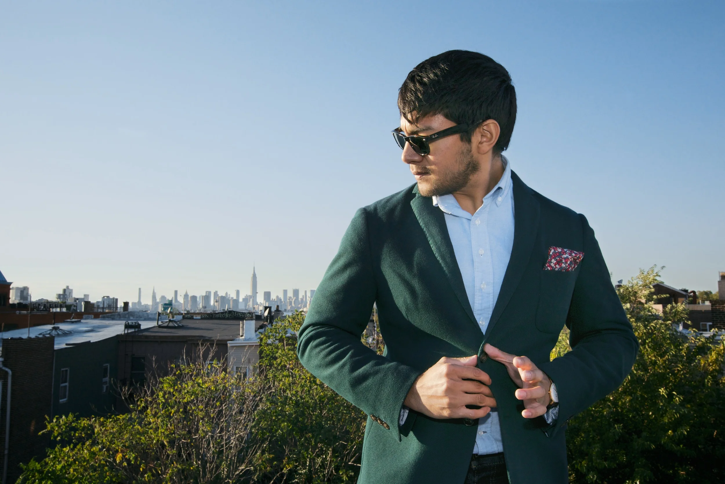 On a cool summer afternoon Diego Leon embodies swag on a roof in BK. Style by Frank & Oak , shots by Graham Burns.