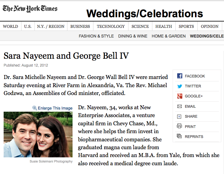  Sara + George announced in The New York Times – she wore a Mikaella gown from Ellie's Bridal Boutique 