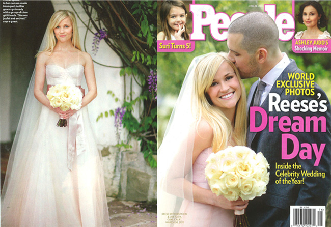 Reese Witherspoon wears custom-designed blush-hued gown by Monique Lhuillier.