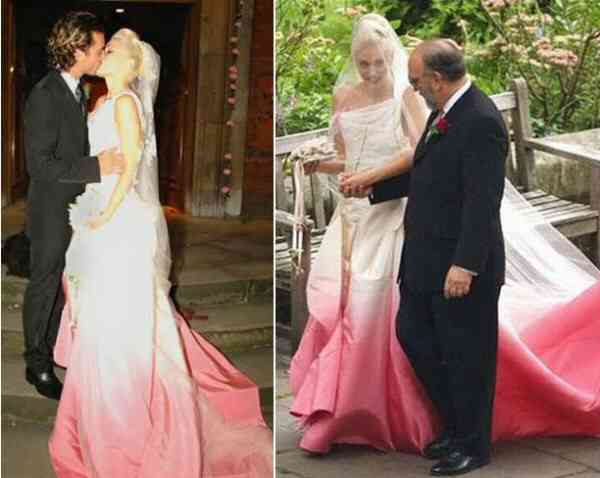 Gwen Stefani wears&nbsp;a custom-made pink and white silk faille wedding dress by&nbsp;John Galliano for Dior
