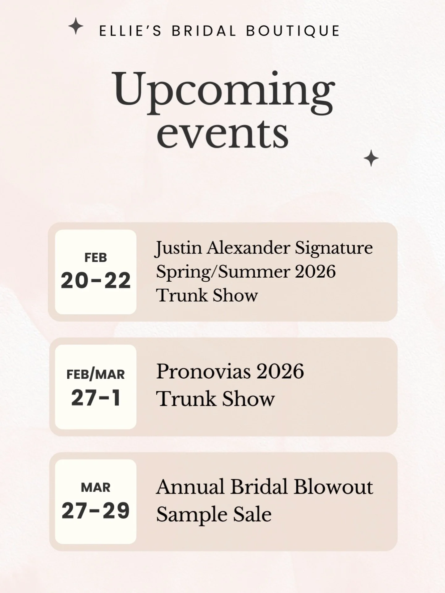 Some of our biggest events of the season are almost here 🤍✨

February + March are bringing brand new 2026 gowns and our annual blowout sale &mdash; aka the perfect time to find your dress.

✨ Justin Alexander Signature Spring/Summer 2026 Trunk Show 