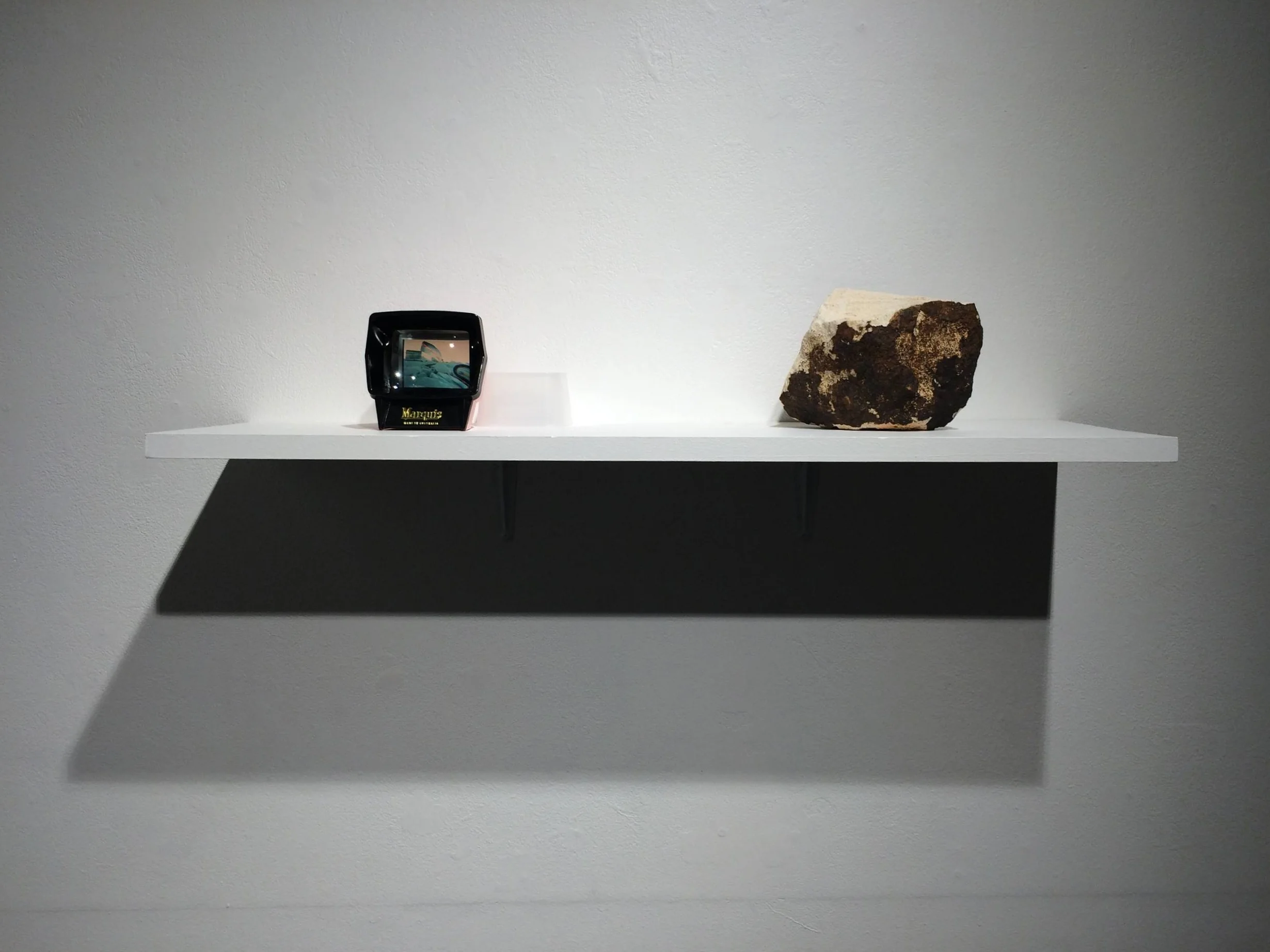 intruder (scout and hold) 2015 8 photo collages (edition of 2) on 35mm colour reversal film with plastic slide mounts, slide viewer and sandstone, dimensions variable ellipse: a project between two points is a mapping of the rhythm and trajectory of conversations and creative exploration circulating between two people. Propelled by a searching spirit this project revolves around enquiry into binaries of substance, space and time. It is a philosophical and physical excavation into internal and external landscapes, and an encounter with the darkness and light that permeate these spaces. artist statement for exhibition ellipse Installation photograph from exhibition ellipse: a project between two points at Gaffa Gallery, 2015 In association with Sunsiz Media Residency , Lightning Ridge, NSW, Australia