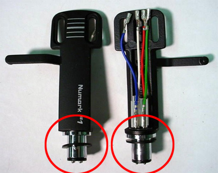 Click to enlarge. This is a standard half-inch mount headshell with the cartridge missing. The circled bits are the bayonets and they stick into the tone arm and usually gets locked into place by the collar. There are other, proprietary systems, (below) but this is by far the most common type of bayonet fitting.