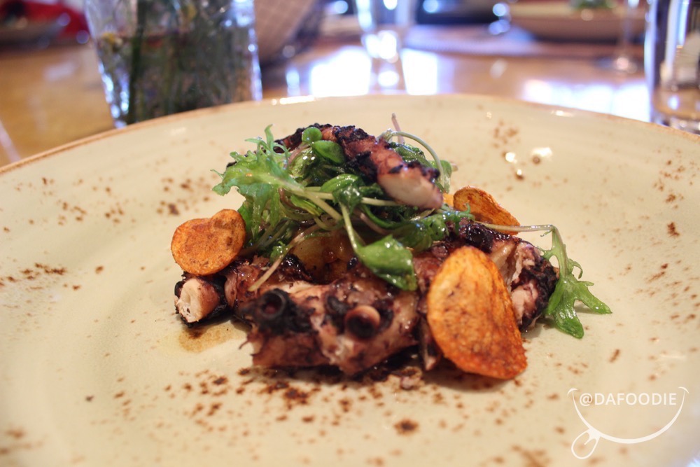 Slow Cooked & Grilled Octopus. Lima beans, artichokes, calabrian pesto, ‘nduja sausage, smokey potato chips.