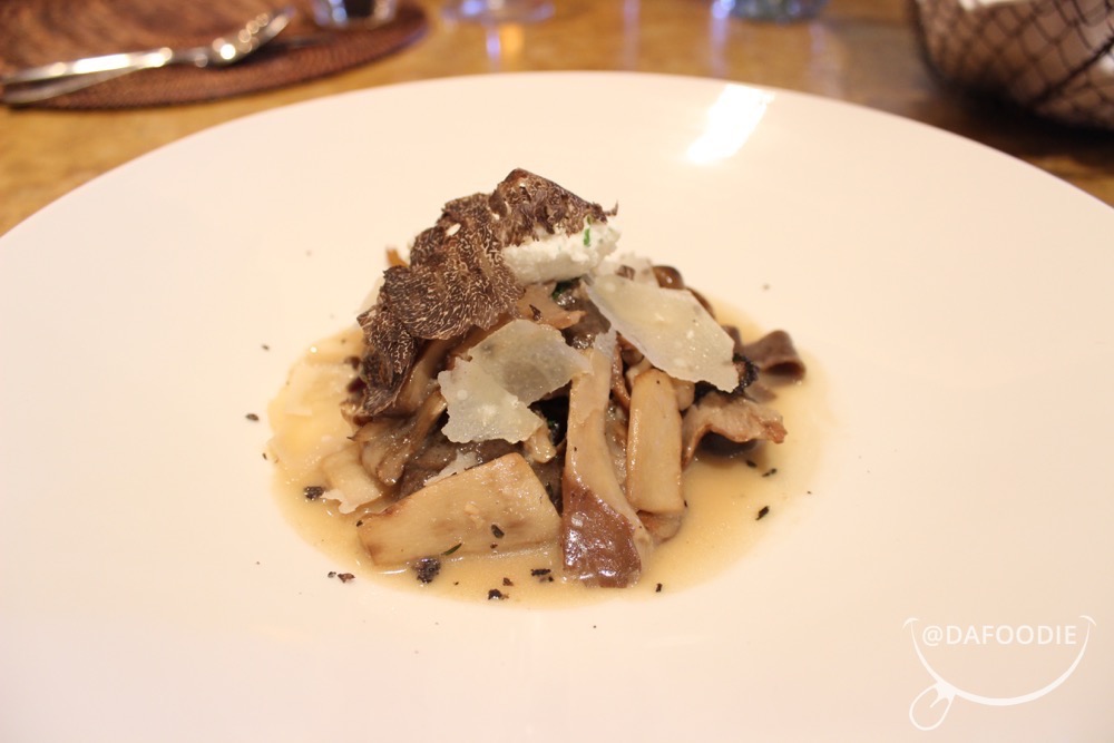 House Made Porcini Tagliatelle & Wild Mushrooms. Mushroom brodo, braised greens, mascarpone al tartufo, parmesano reggiano.