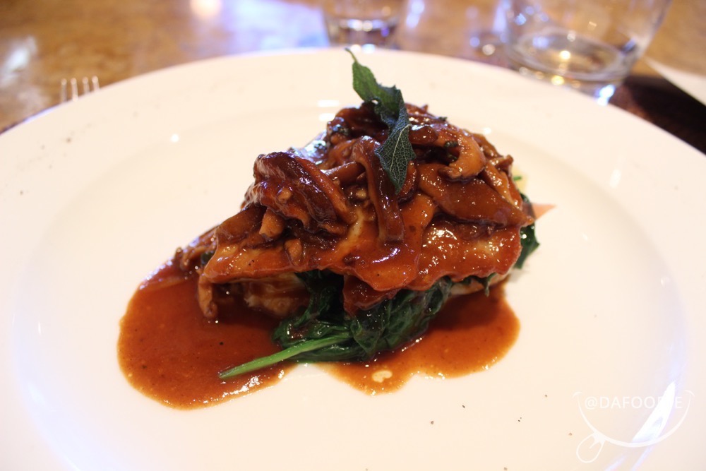 Sautéed Scaloppine of Pork Saltimbocca. In a sage infused mushroom-madeira jus with prosciutto, spinach and roasted garlic mashed potato.