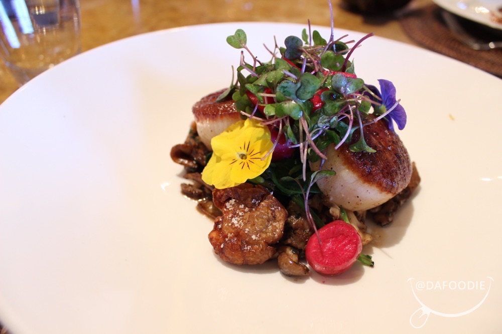 Citrus Glazed Sea Scallops. Crispy Sunchokes, Wild Mushroom & Black Garlic Carbonara, Truffles, Pickled Vegetables.