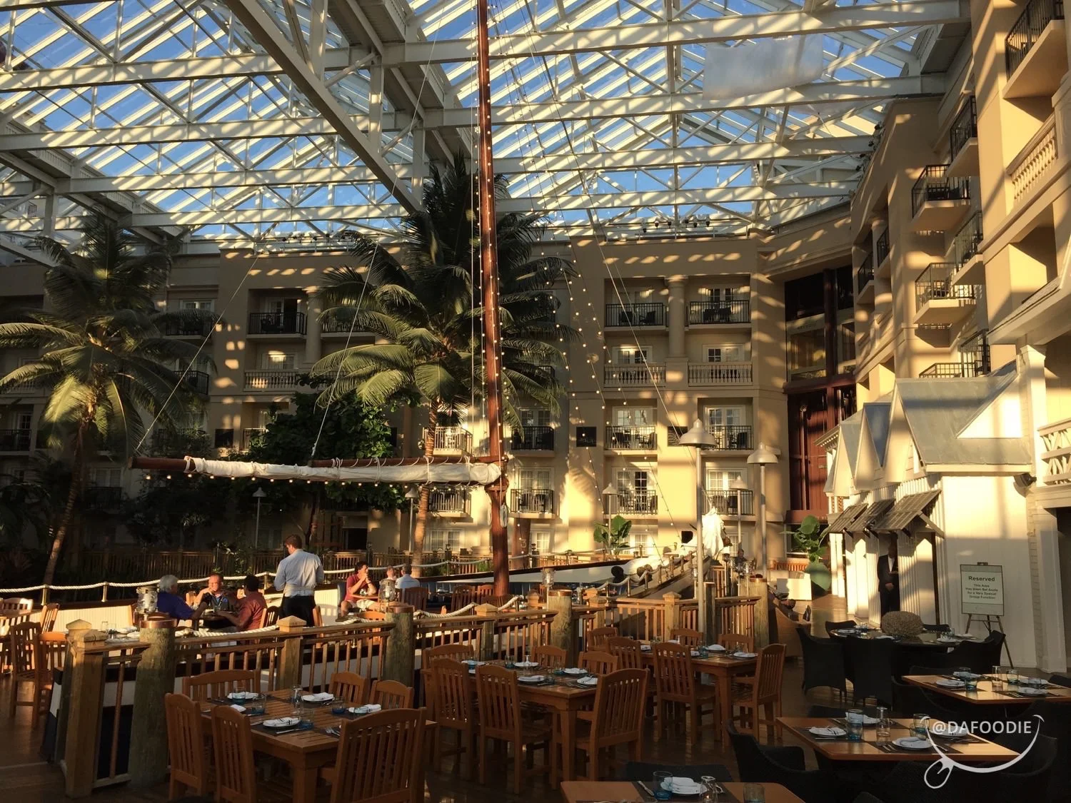 The 60-foot sailboat outside the restaurant.