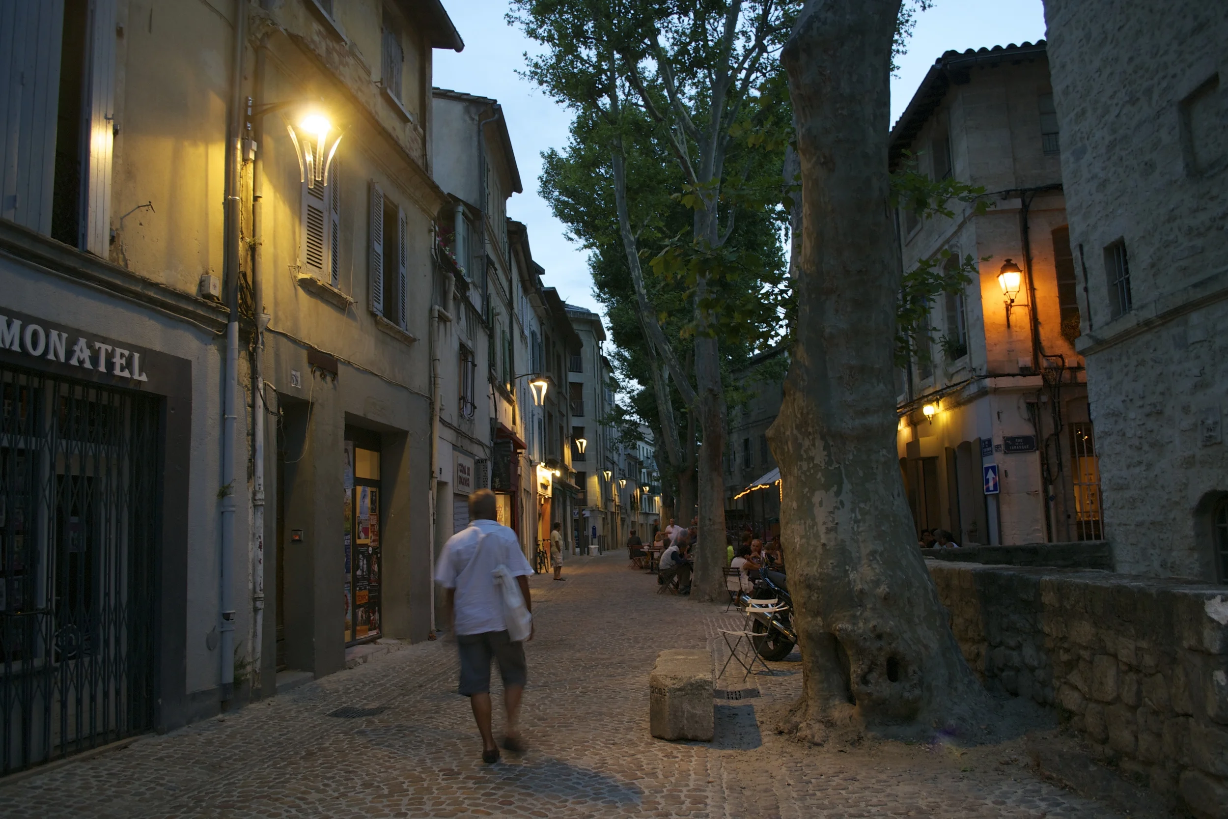 Strolling down Rue des Teinturiers at night. 