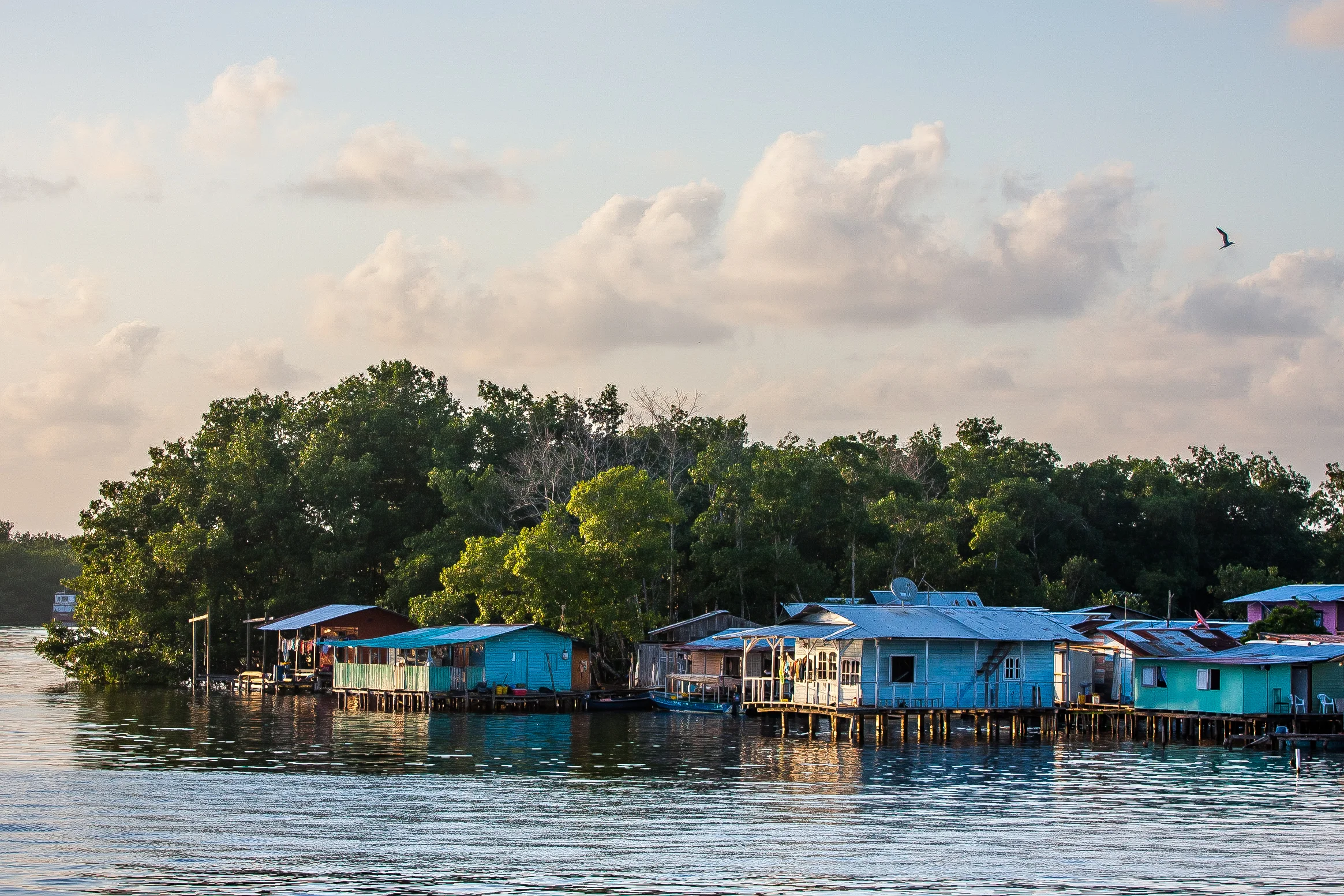 First glimpse of Bocas Town, approaching Isla Colon - main island in the Bocas del Toro cluster - by water taxi from Almirante.