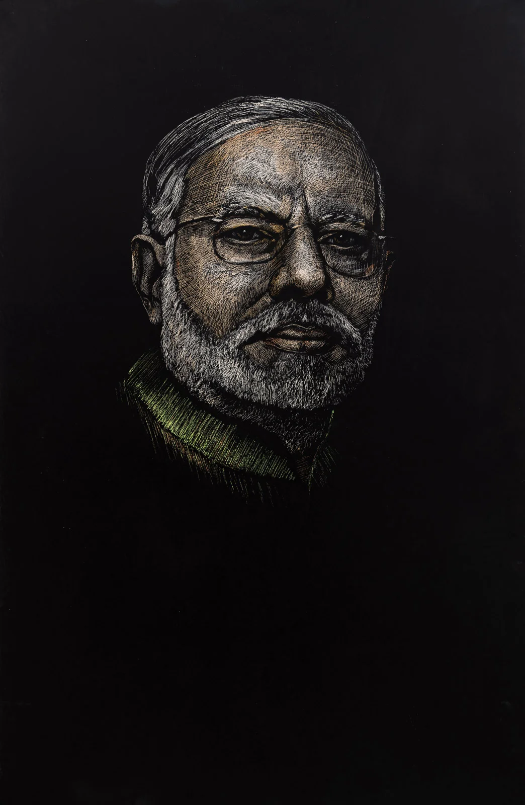Narendra Modi, 2017, wax & acrylic on paper, 72 x 47 inch.
