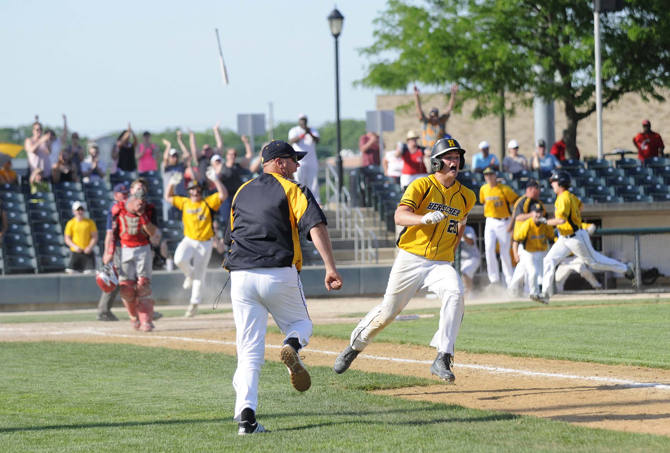  Herscher’s Tyler Jarnagin delivers the game-winning hit in a thrilling 1-0 win against Timothy Christian in a Class 2A super-sectional game. Herscher High advanced to the state tournament. 