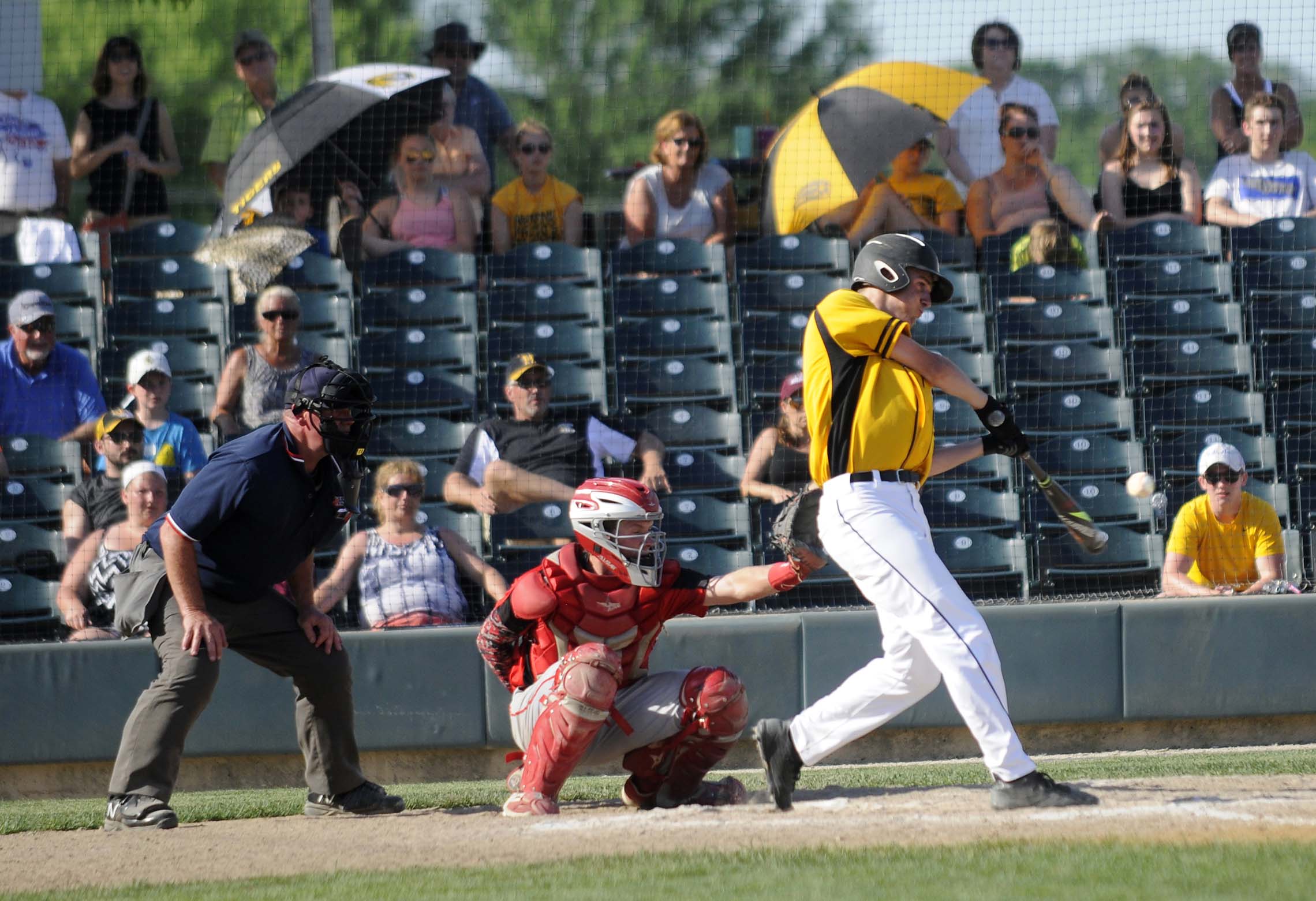  Herscher High School’s Tyler Jarnagin hits the game winning ball Monday at Benedictine University in Lisle during 2A Super-Sectional baseball.    