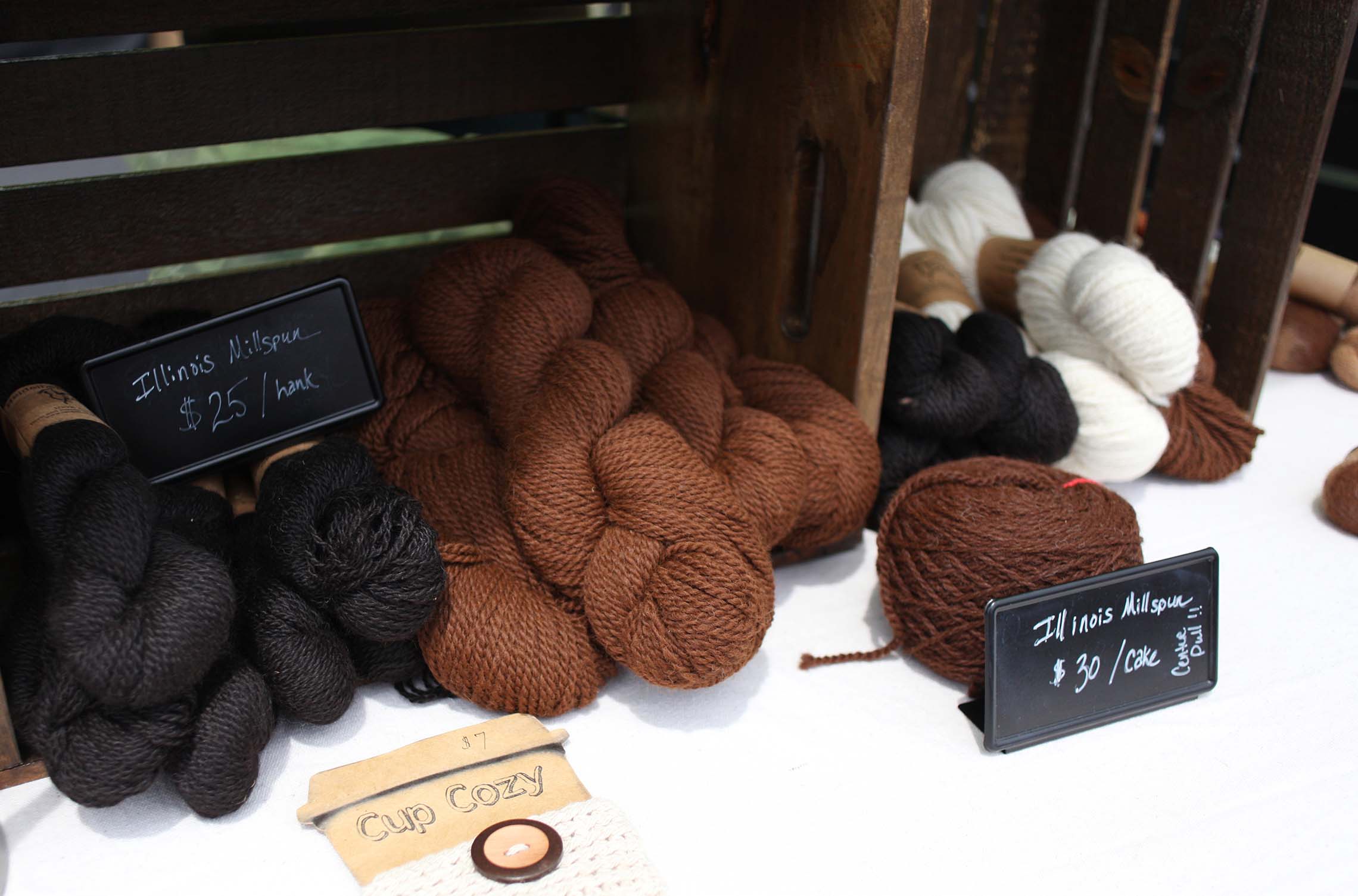  Yarn spun from alpaca fibers is sold Saturday during the Kankakee Farmers Market in downtown Kankakee. Alpacas on Heidelberr farm are raised in a sustainable and holistic way by Leslie McHugh and her family.    