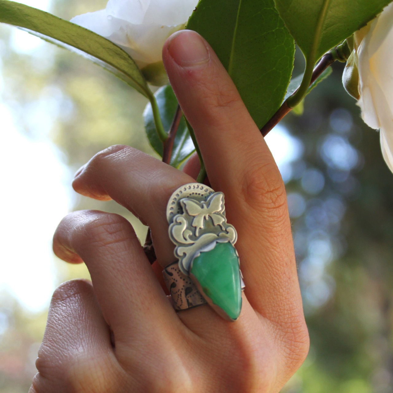 Metamorphosis Ring (sterling silver and a perfectly chrysalis shaped cut of chrysoprase)