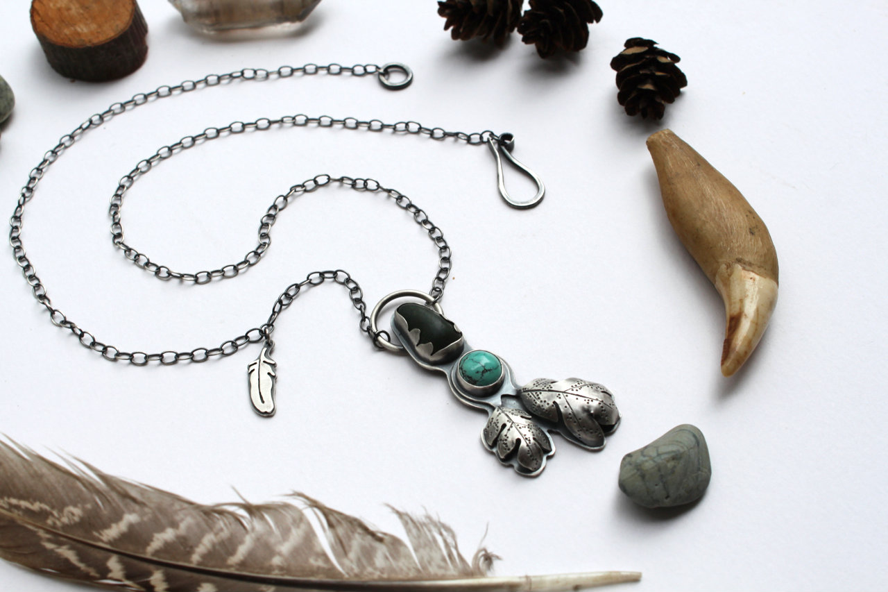 The Naturalist Necklace (sterling silver, Arizona turquoise and one found Pacific Ocean sea stone)