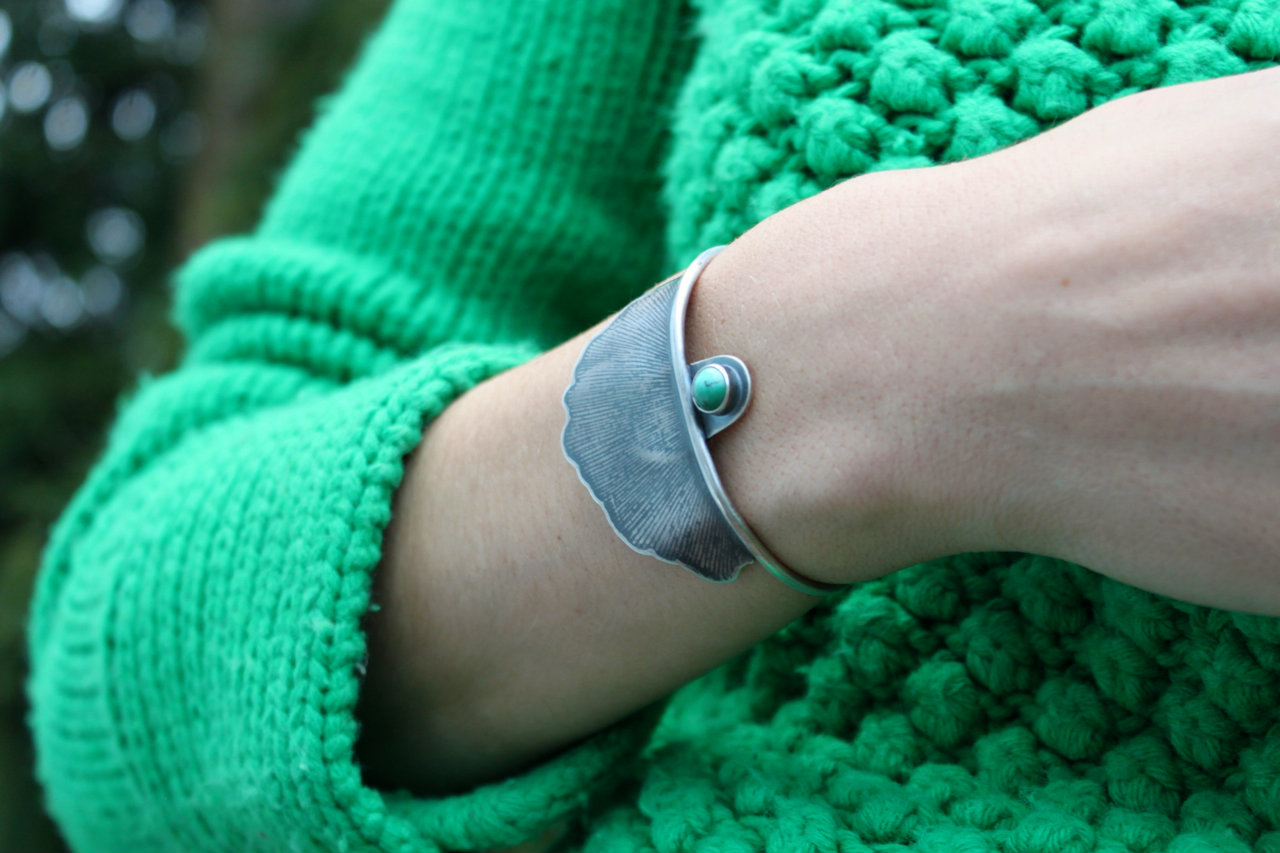 Longevity Cuff (sterling silver, one massive pressed ginkgo leaf and Arizona turquoise)