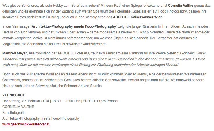 Vernissage of Cornelia Kahr to "Architecture-Photography meets Food-Photography" in ARCOTEL Vienna
