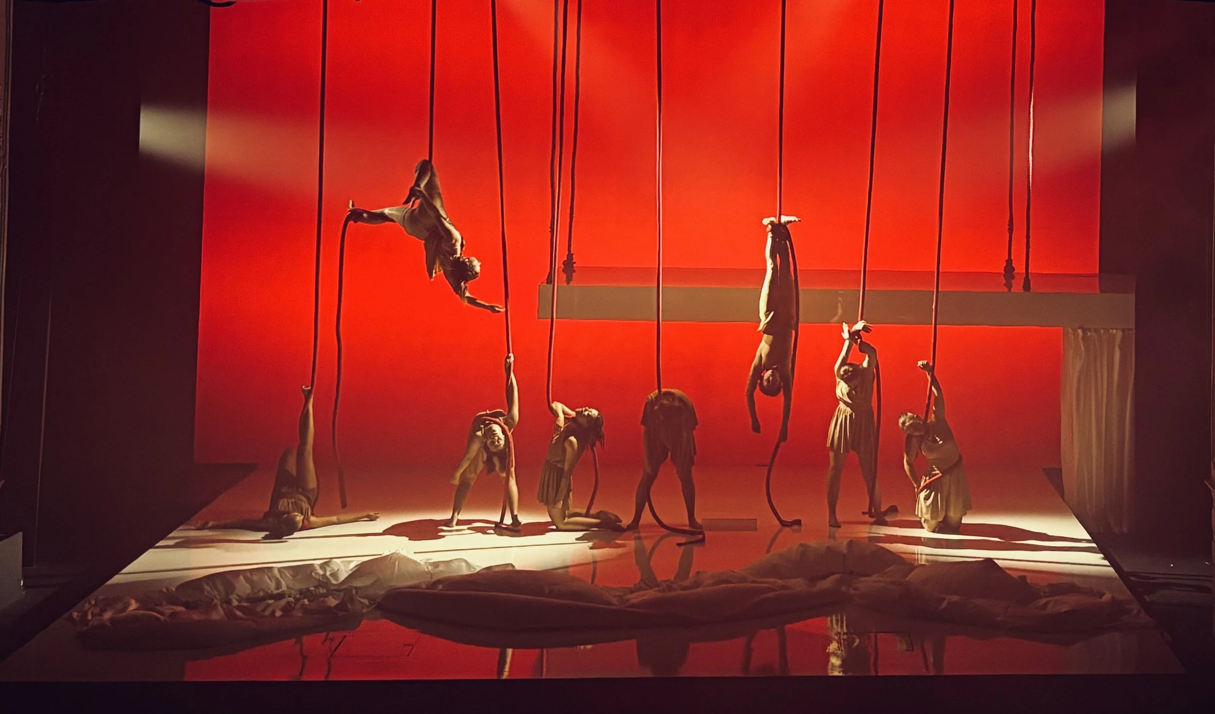   THE PENELOPIAD by Margret Atwood    York Theatre Royal 2026    dir: Juliet Forster    Sara Perks’s minimal design, it’s a sterile, featureless place, deliberately drained of the passion and mess of life. Thick, blood-red ropes suggest the strands –