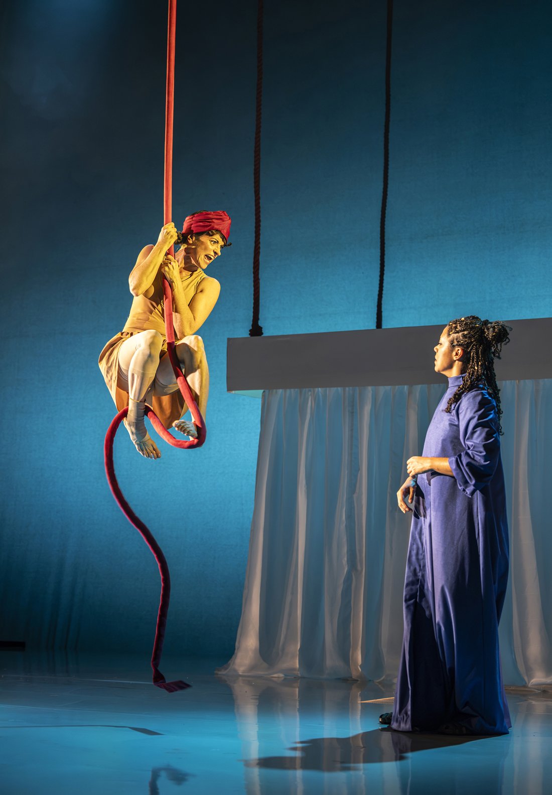  THE PENELOPIAD by Margret Atwood  York Theatre Royal 2026  dir: Juliet Forster   Ropes emerge as the motif that weave their way through …..Sara Perks’s design, whether in the tapestry, the aerial circus skills of assorted Maids, pulling Penelope’s b