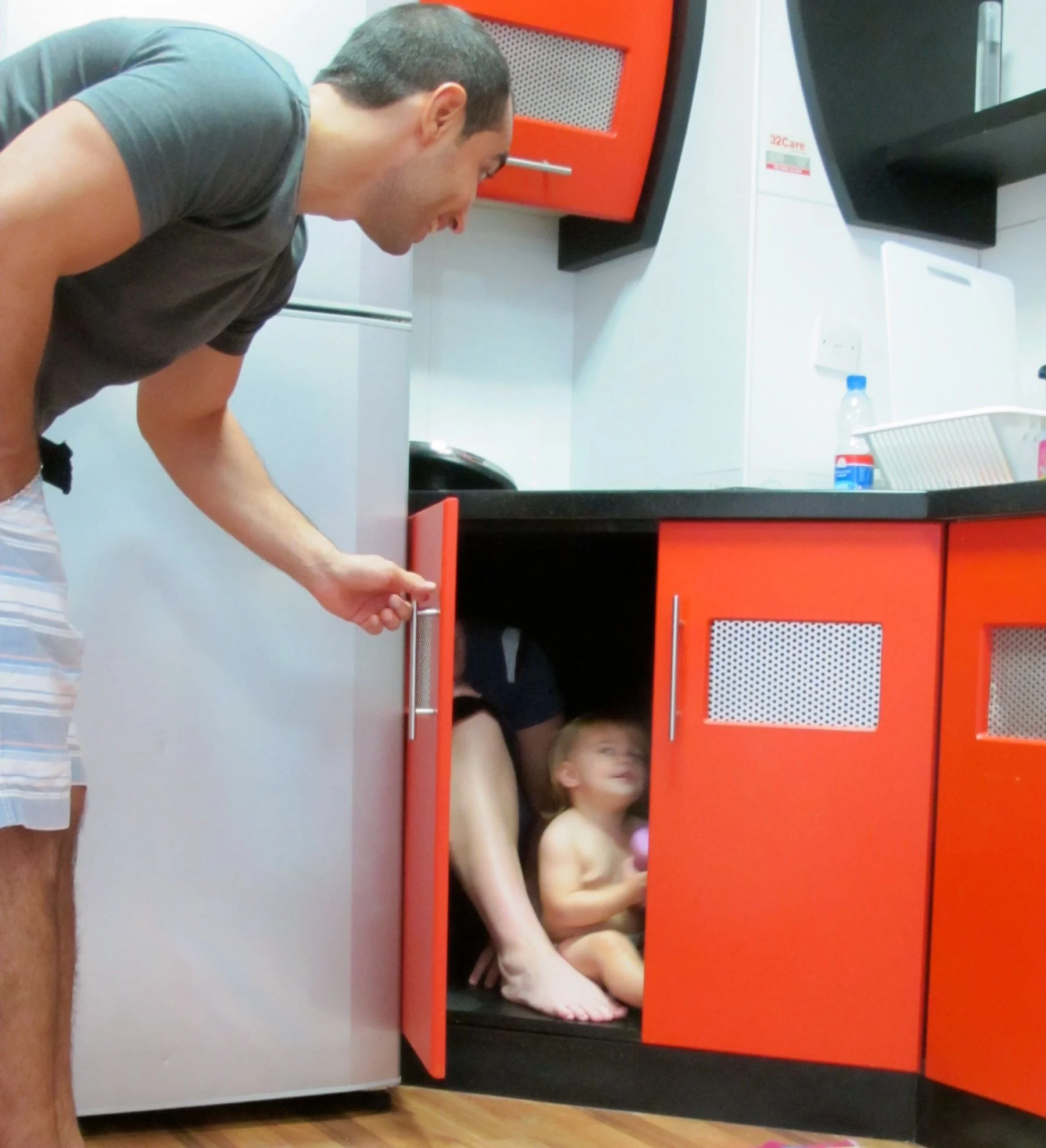 Any cupboard can accommodate a little kid. These were so roomy that mom could fit too!