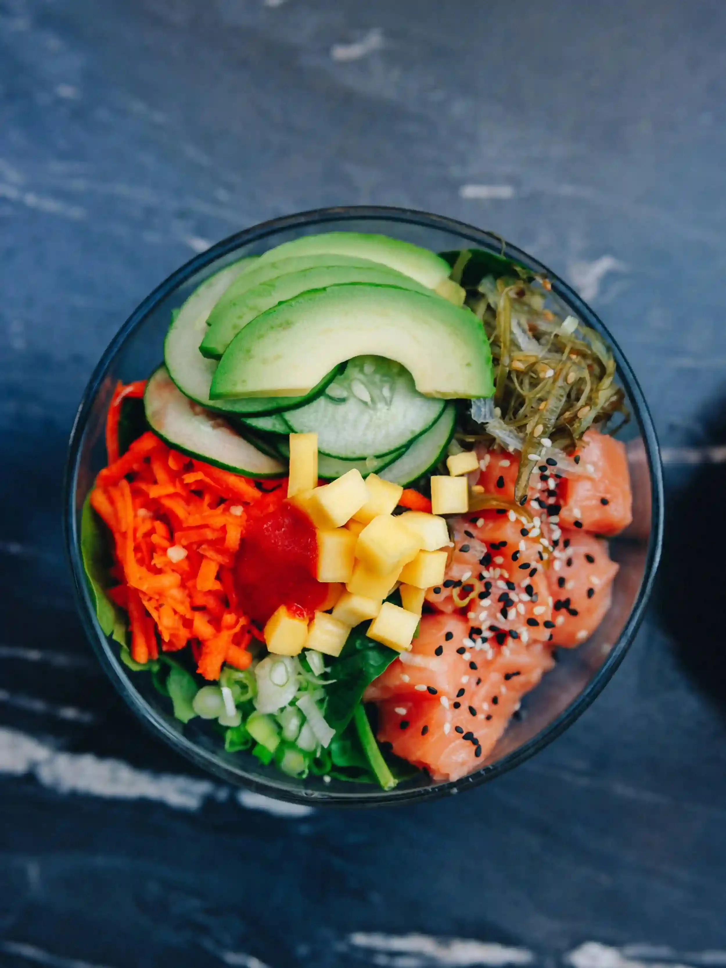 Raleigh raw salmon poke bowl avo