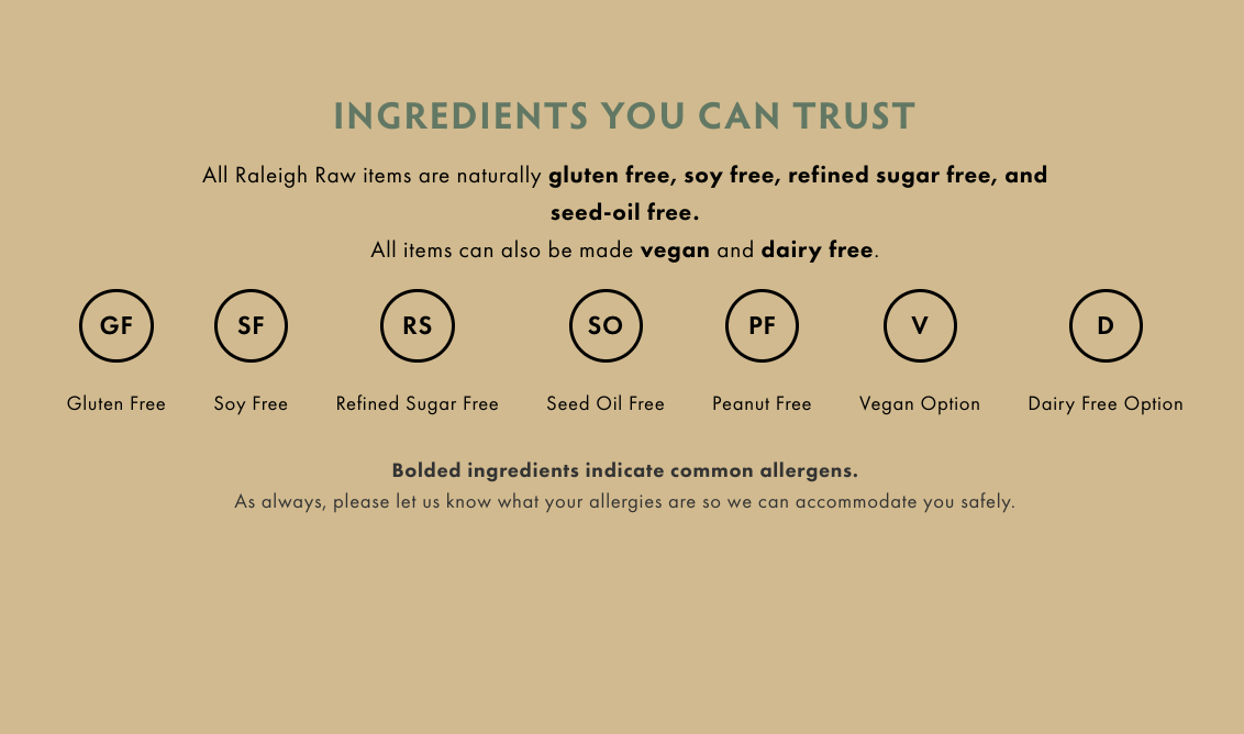 Raleigh Raw ingredient standards graphic highlighting gluten-free, soy-free, refined-sugar-free, seed-oil-free, peanut-free, vegan, and dairy-free options. Clear icons help customers identify allergens and make safe, mindful choices.
