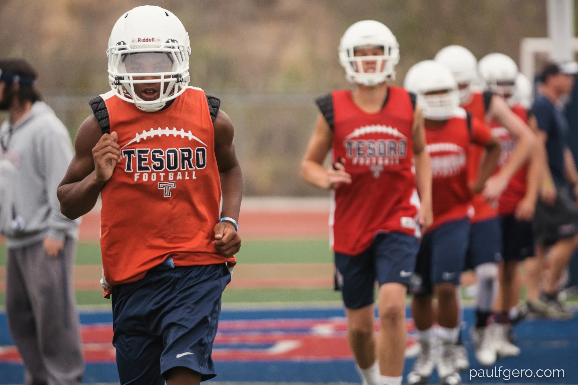Tesoro players run during Day One of Fall Camp at the school on Monday. 181mm, 400 ISO, 1/100 0th at f2.8.